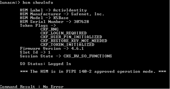 Command prompt window running lunacm command displaying HSM-specific information